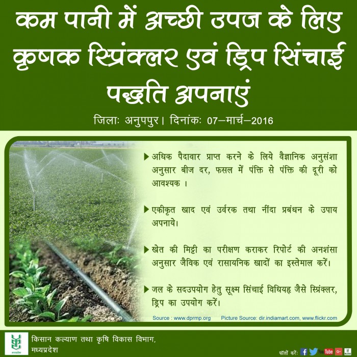 कम पानी में अच्छी उपज के लिए कृषक स्प्रिंक्लर एवं ड्रिप सिंचाई पद्धति अपनाएं